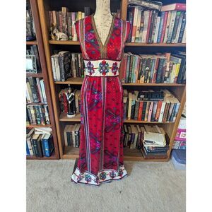 Vintage 70s Handmade Women's Small Satin Print Maxi Dress Hearts Abstract Rare